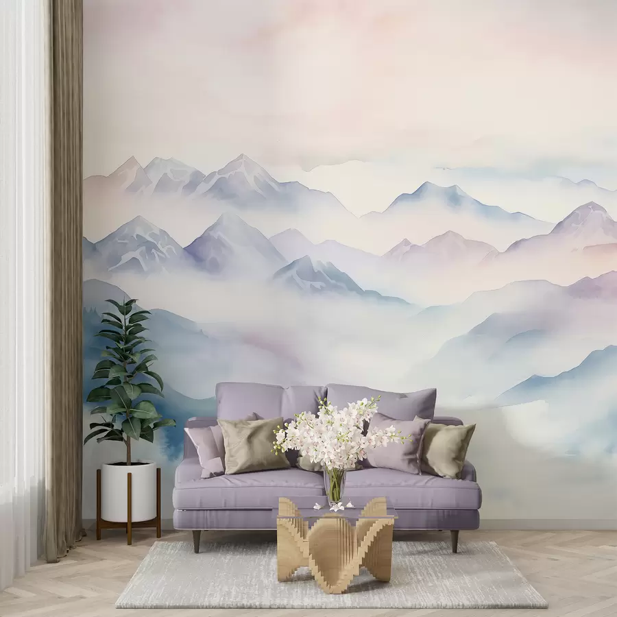 murais de parede Paisagem de montanhas etéreas, nuvens, aquarela w01791
