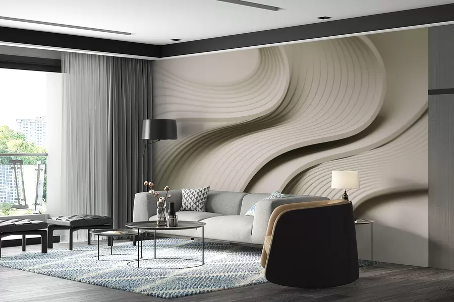 murais de parede Ondas volumosas e elegantes em estilo 3D em tons de bege w01147v2