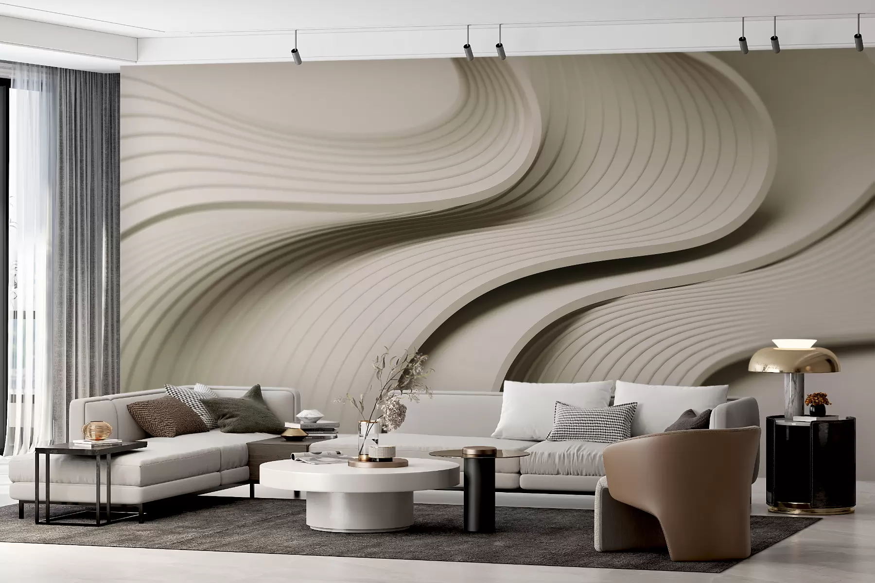 murais de parede Ondas volumosas e elegantes em estilo 3D em tons de bege w01147v2