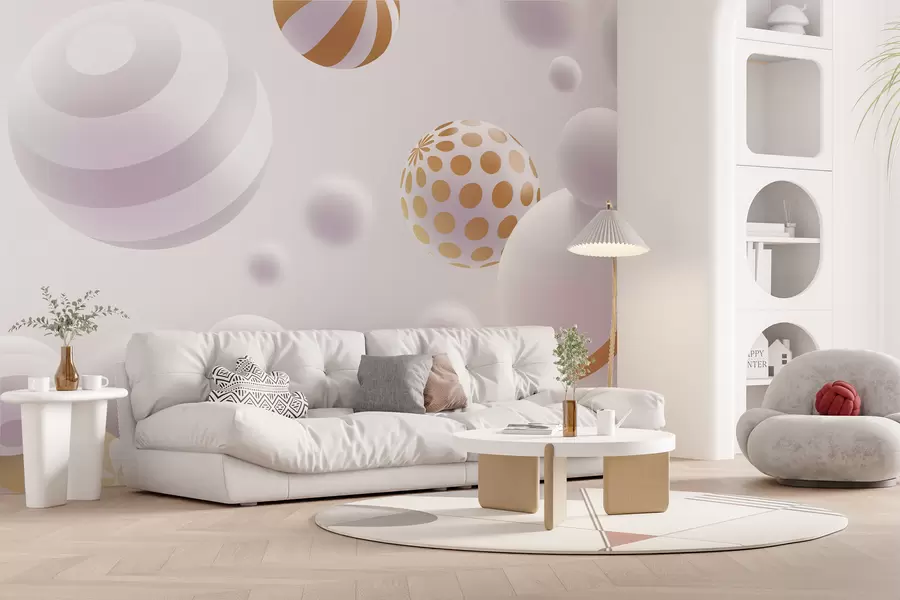 murais de parede Esferas voadoras volumétricas em estilo 3D em tons de cinza claro com detalhes em laranja w01148