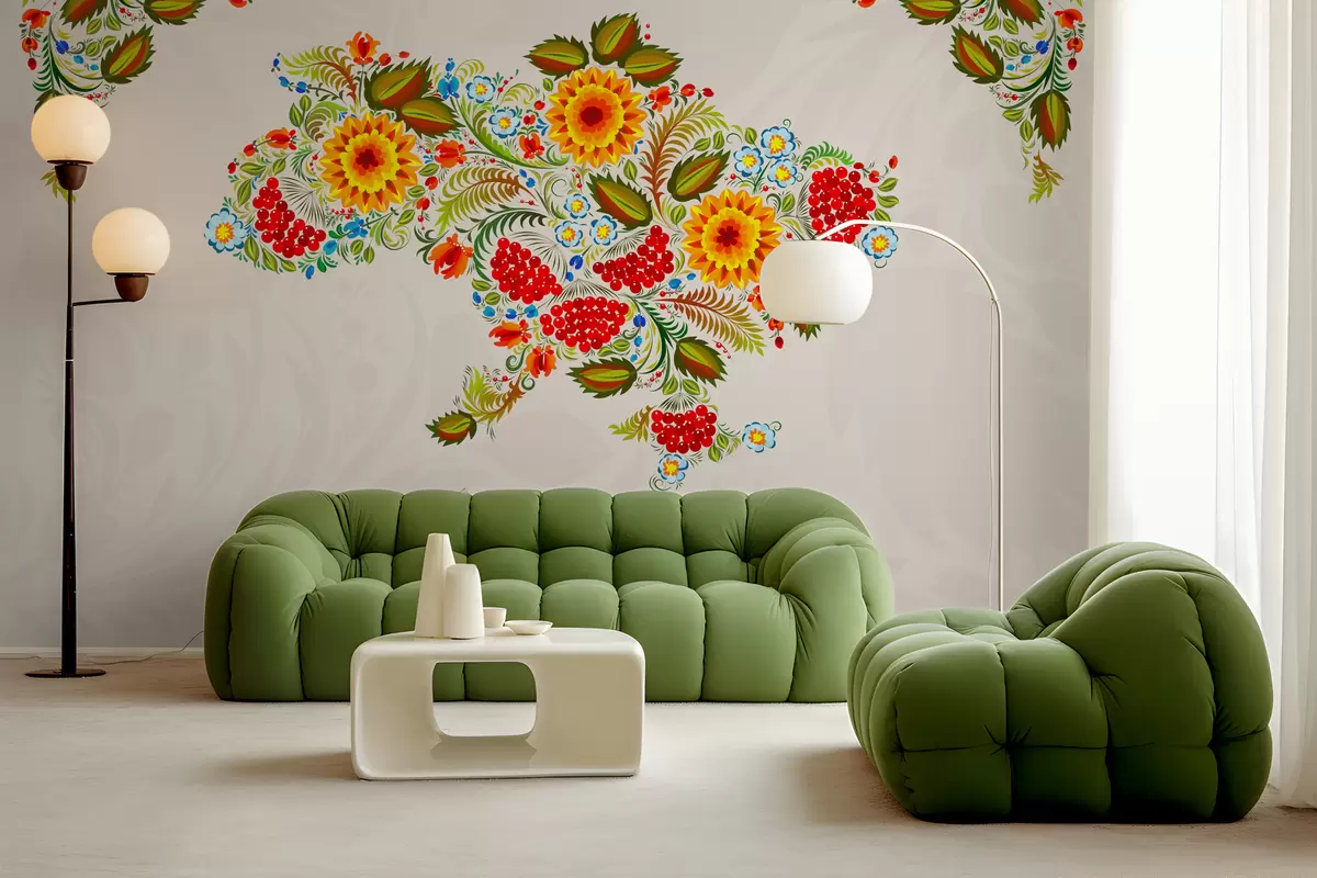 murais de parede Mapa da Ucrânia no estilo da pintura de Petrikov em um fundo bege claro w01149