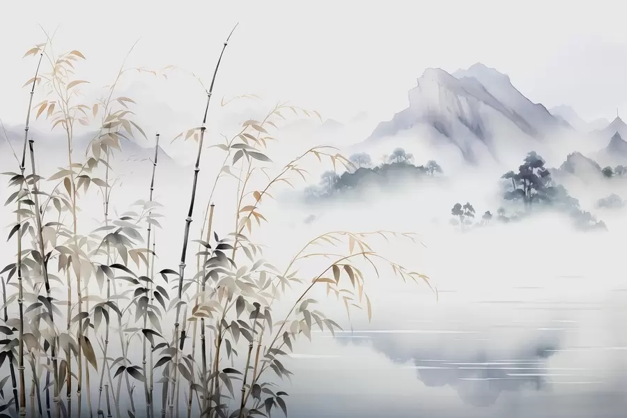 murais de parede Hastes de bambu em aquarela úmida em um fundo de montanha w01864