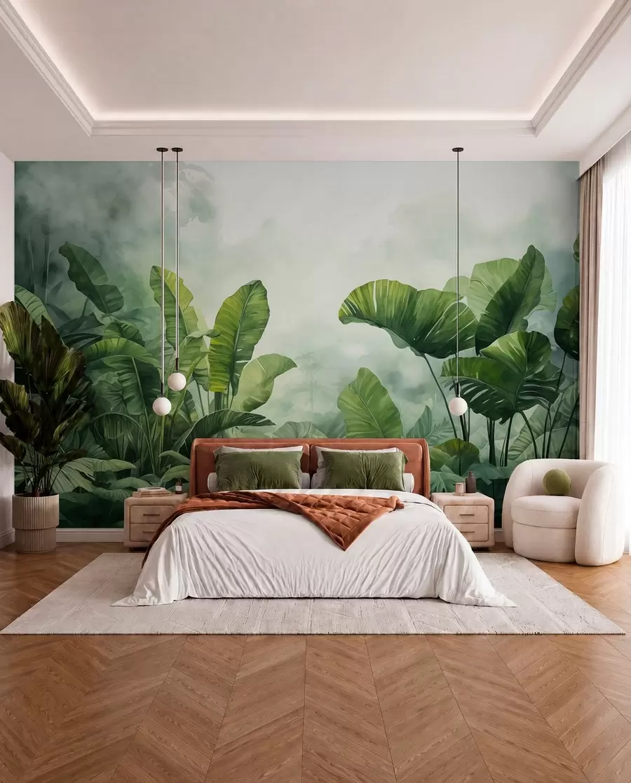 murais de parede Folhas tropicais na selva sobre o fundo de neblina em aquarela úmida w01868