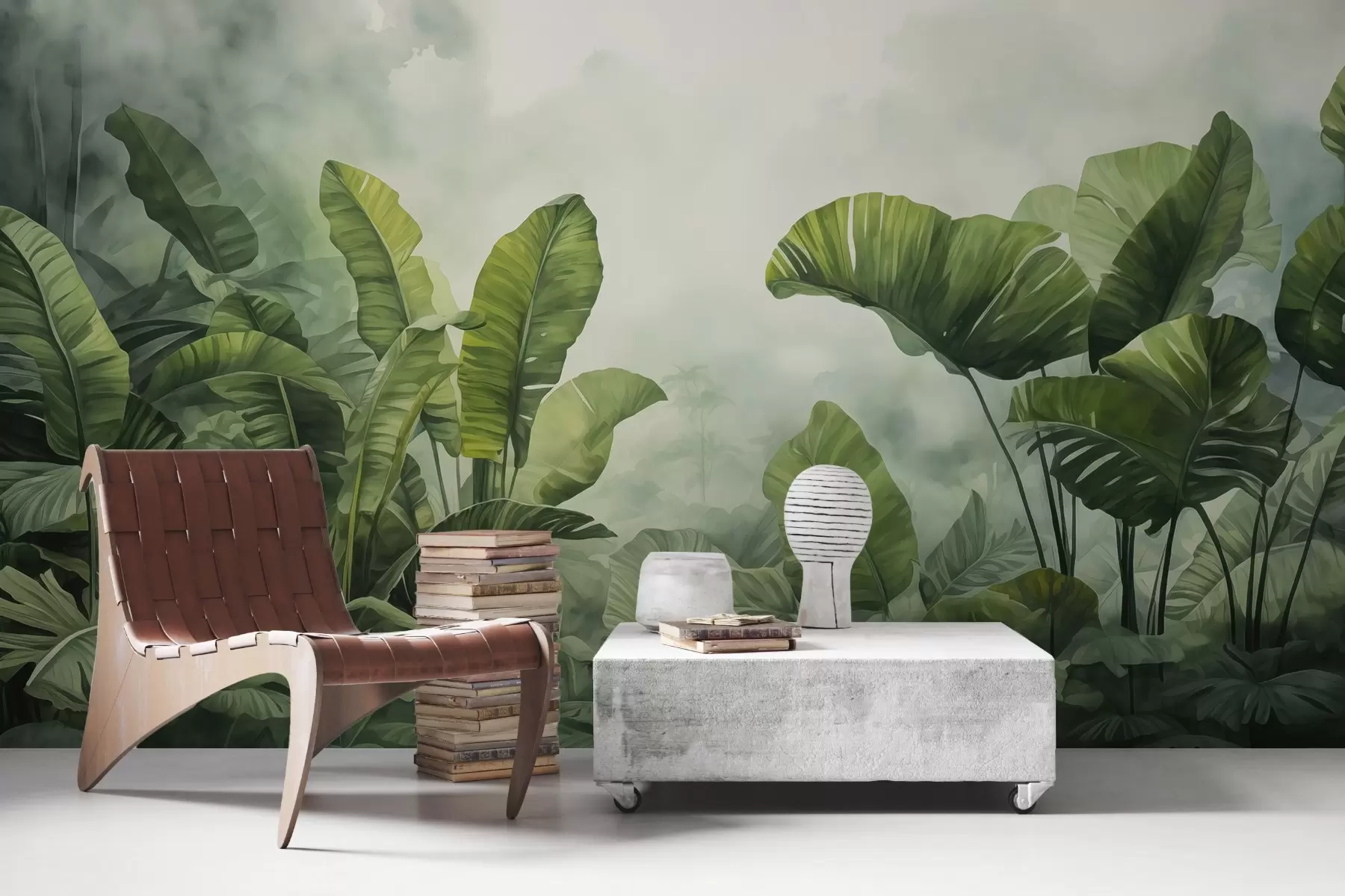 murais de parede Folhas tropicais na selva sobre o fundo de neblina em aquarela úmida w01868