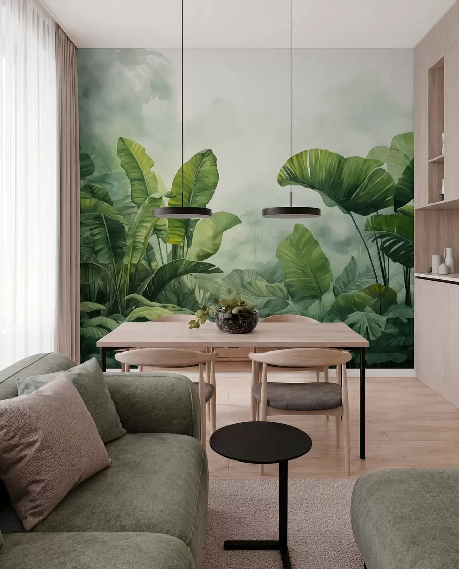 murais de parede Folhas tropicais na selva sobre o fundo de neblina em aquarela úmida w01868