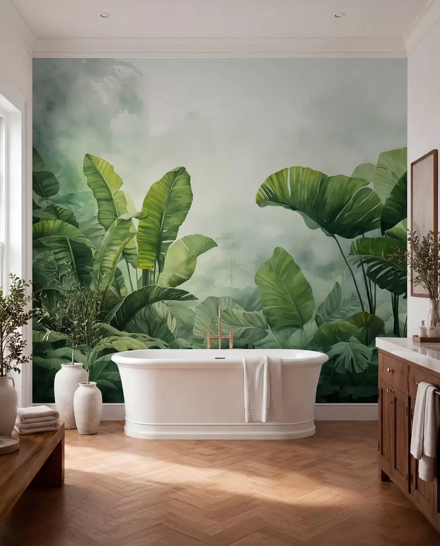 murais de parede Folhas tropicais na selva sobre o fundo de neblina em aquarela úmida w01868