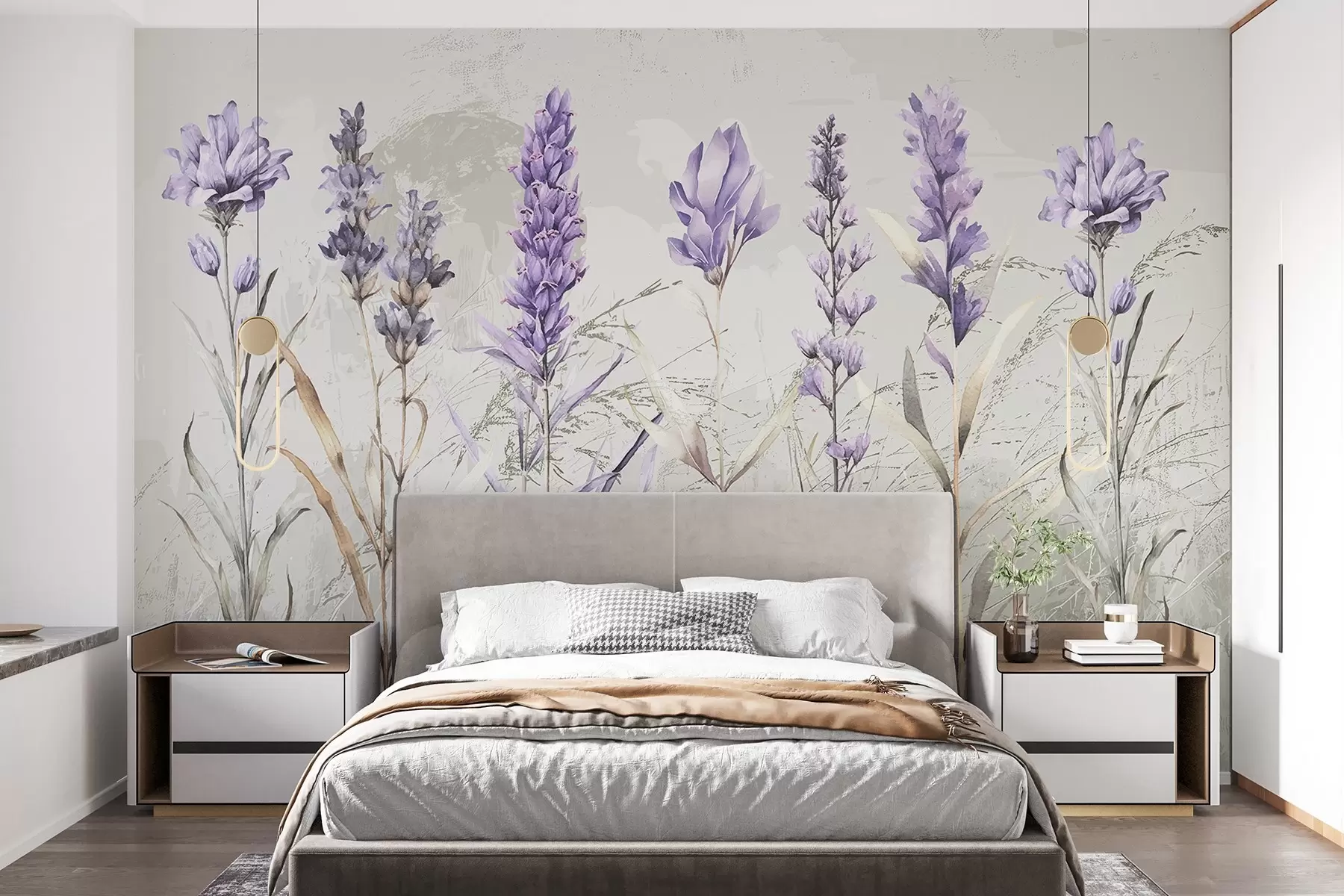 murais de parede Um campo de flores de lavanda em aquarela roxa com fundo bege texturizado suave e desfocado w08346