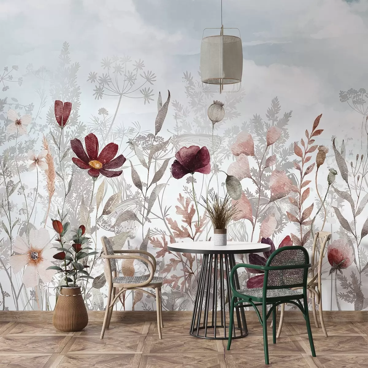 murais de parede Um campo de flores silvestres coloridas, incluindo flores vermelhas, rosa e brancas com folhas finas em um fundo suave w08349