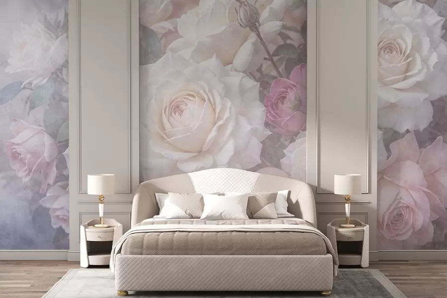 murais de parede Rosas e peônias suaves, em tons pastéis, contra um fundo texturizado cinza enevoado e desfocado w08352