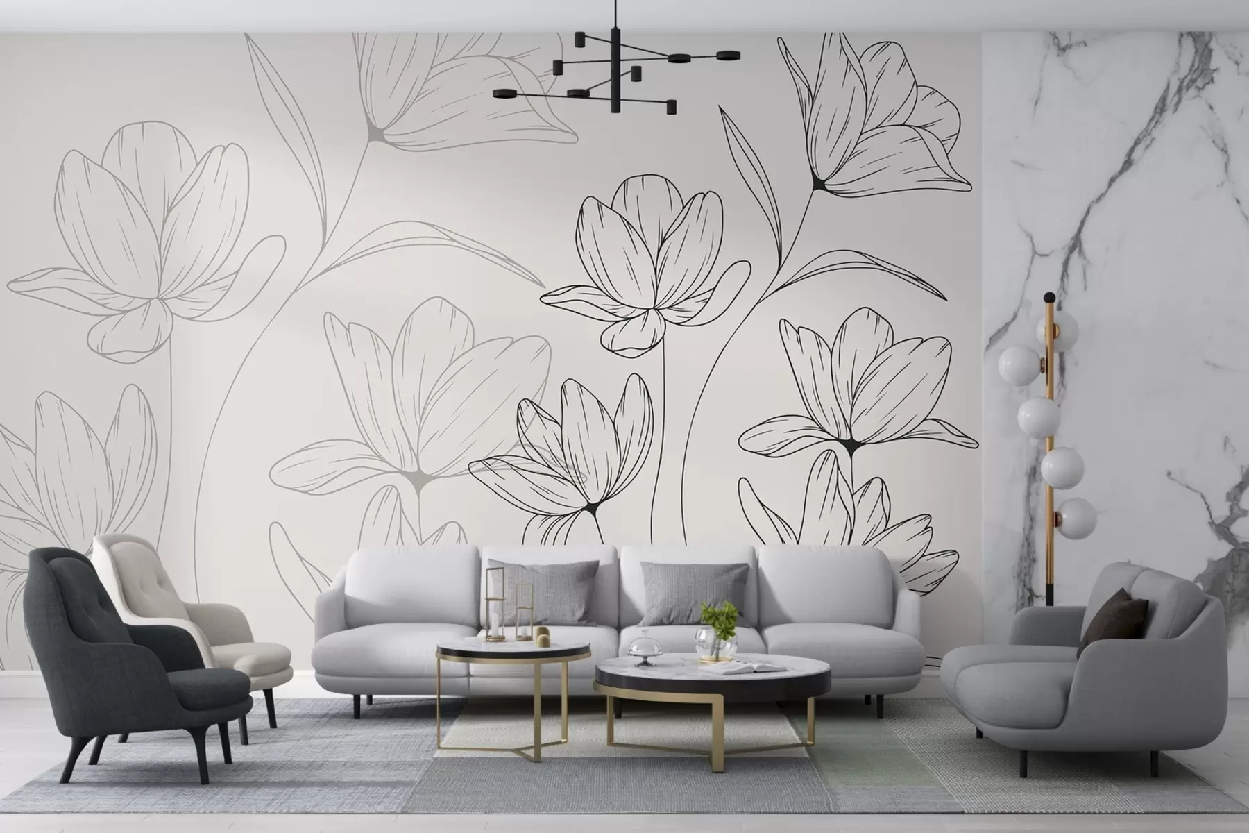 murais de parede Fundo claro, grandes flores pretas w08365v1