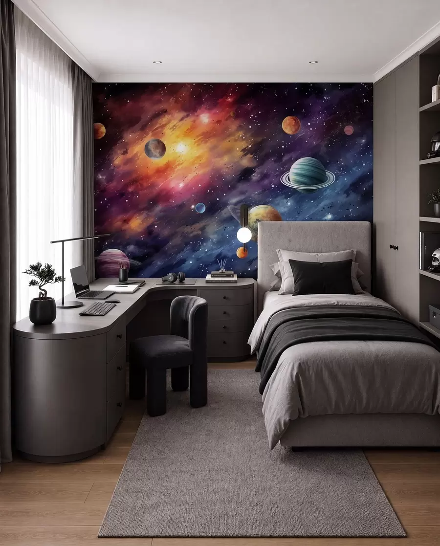 murais de parede Espaço com planetas e estrelas, aquarela, cósmico w01798