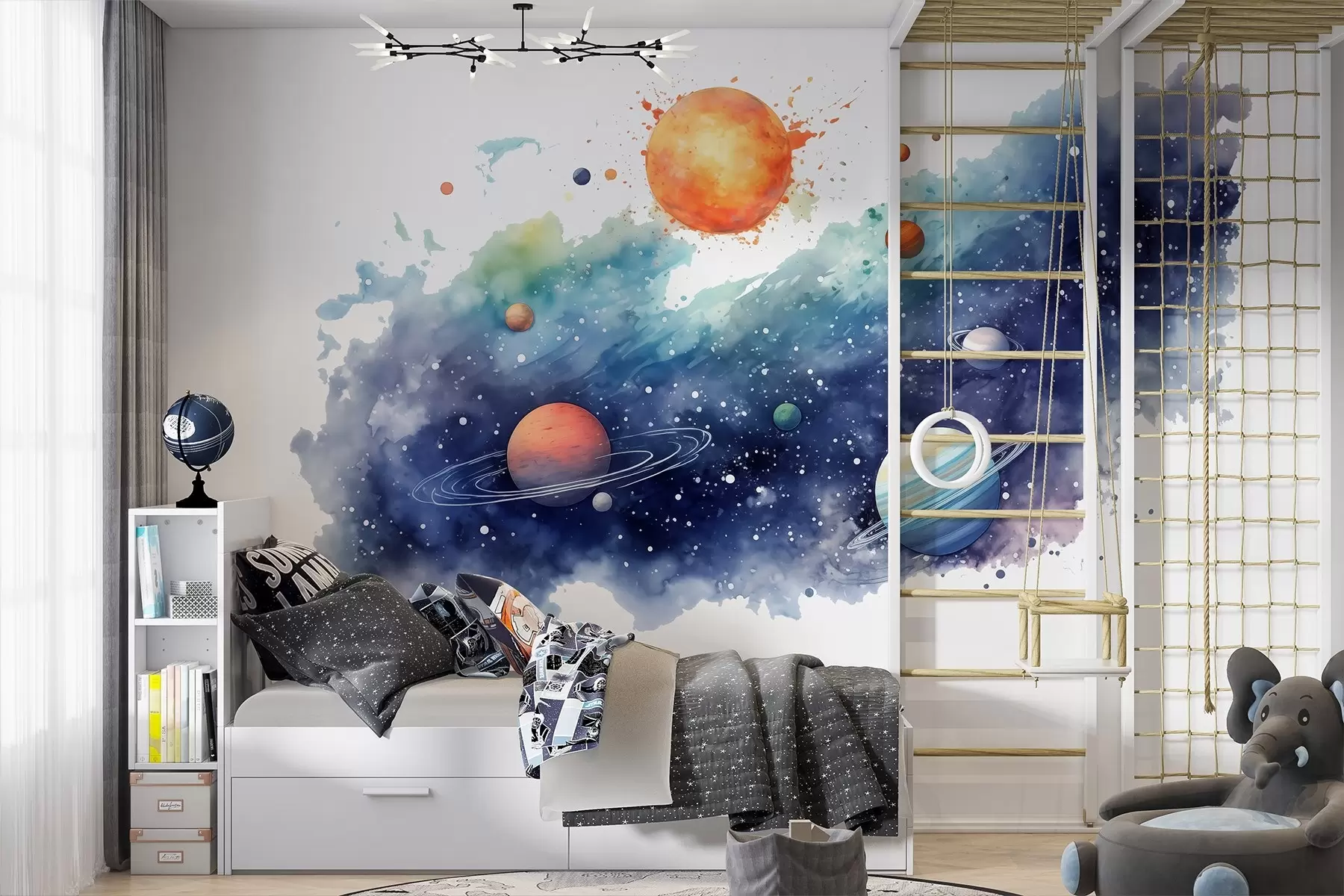 murais de parede Espaço em aquarela, planetas, sol, estrelas w01803