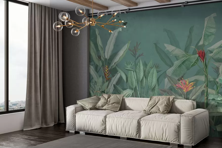murais de parede Folhas e flores tropicais em um fundo verde w01834v2