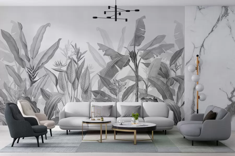 murais de parede Folhas e flores tropicais em preto e branco em um fundo claro w01834v3