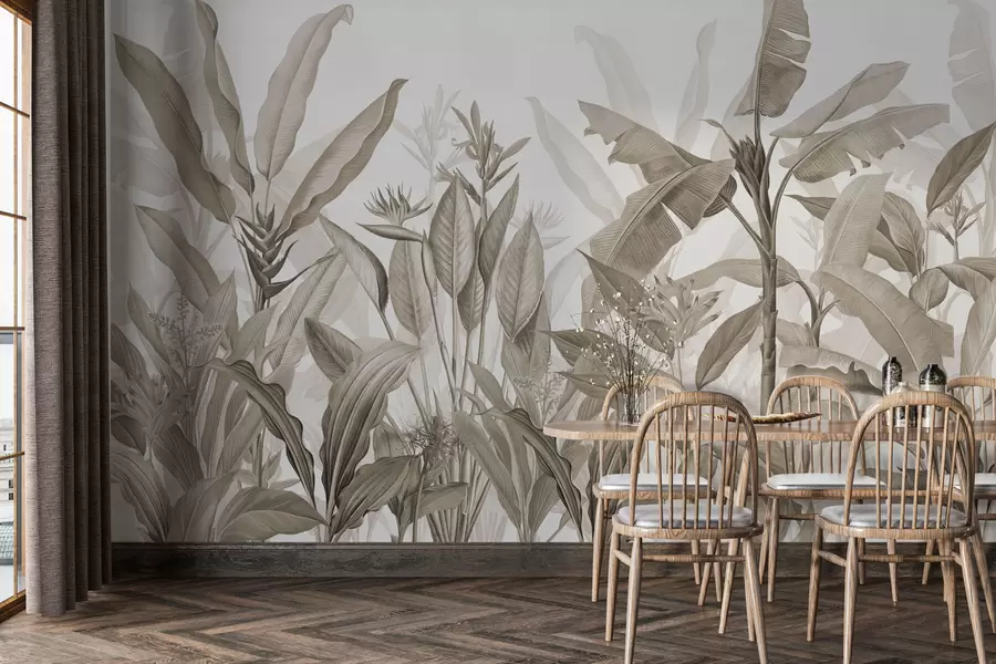 murais de parede Folhas e flores tropicais em um fundo claro em estilo sépia w01834v4