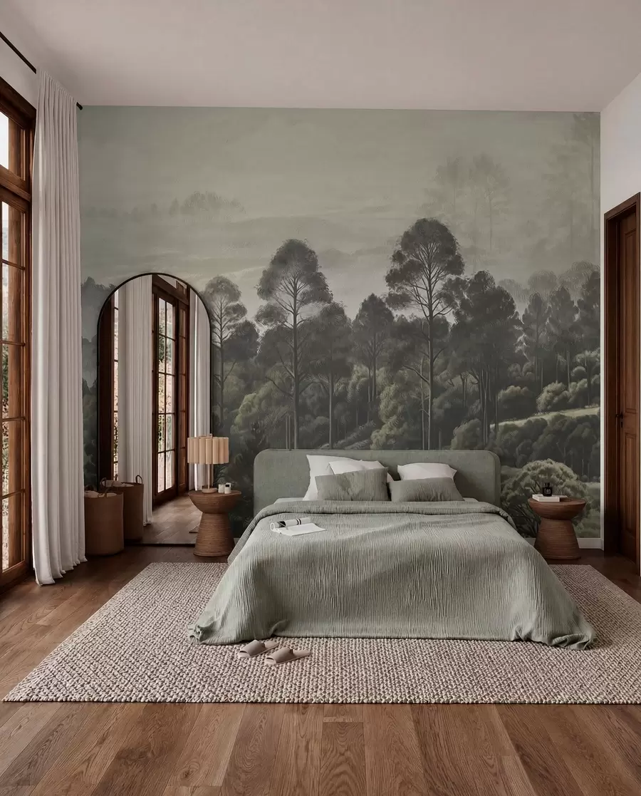 murais de parede Floresta densa e vale com neblina w01871