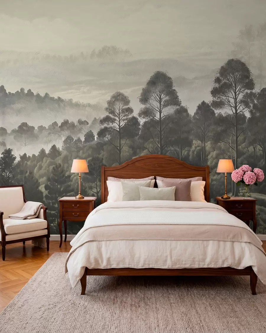 murais de parede Floresta densa e vale com neblina w01871