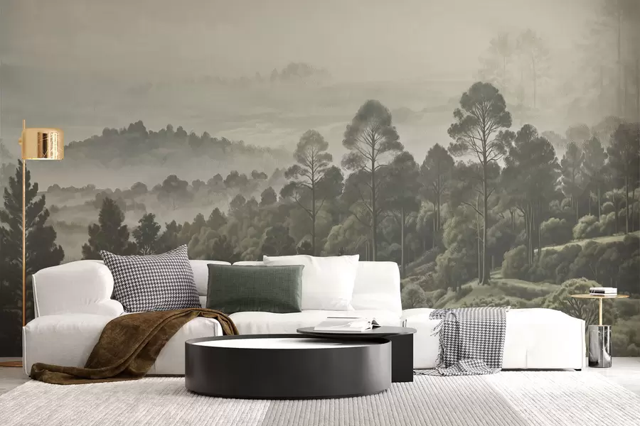 murais de parede Floresta densa e vale com neblina w01871