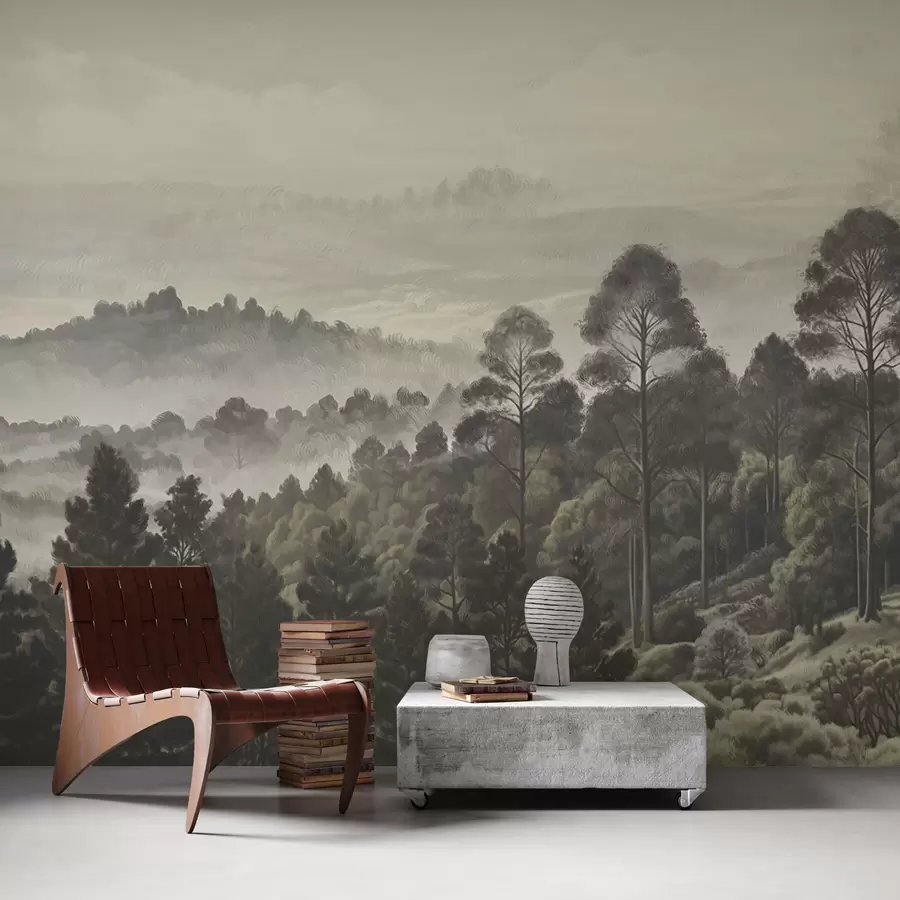 murais de parede Floresta densa e vale com neblina w01871
