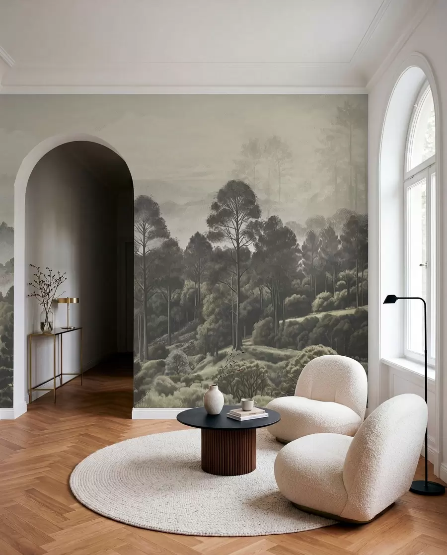 murais de parede Floresta densa e vale com neblina w01871