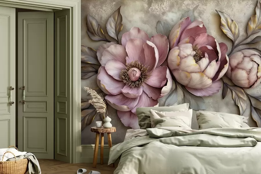 murais de parede Peônias roxas florais com folhas e pétalas em tons pastéis suaves, estilo vintage w01825