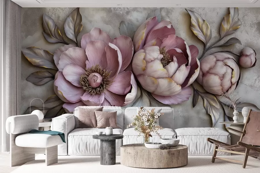 murais de parede Peônias roxas florais com folhas e pétalas em tons pastéis suaves, estilo vintage w01825