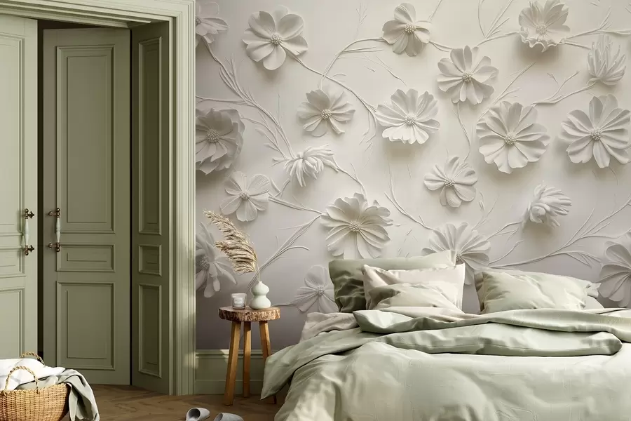 murais de parede Composição de flores em relevo branco em um estilo minimalista e sofisticado w01828