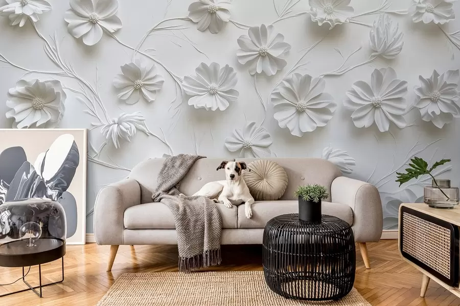 murais de parede Composição de flores em relevo branco em um estilo minimalista e sofisticado w01828