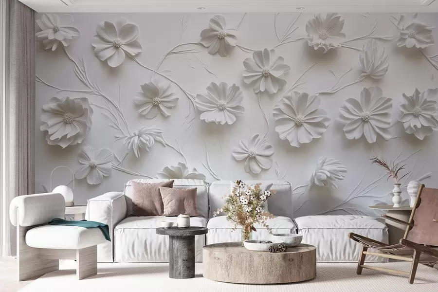 murais de parede Composição de flores em relevo branco em um estilo minimalista e sofisticado w01828