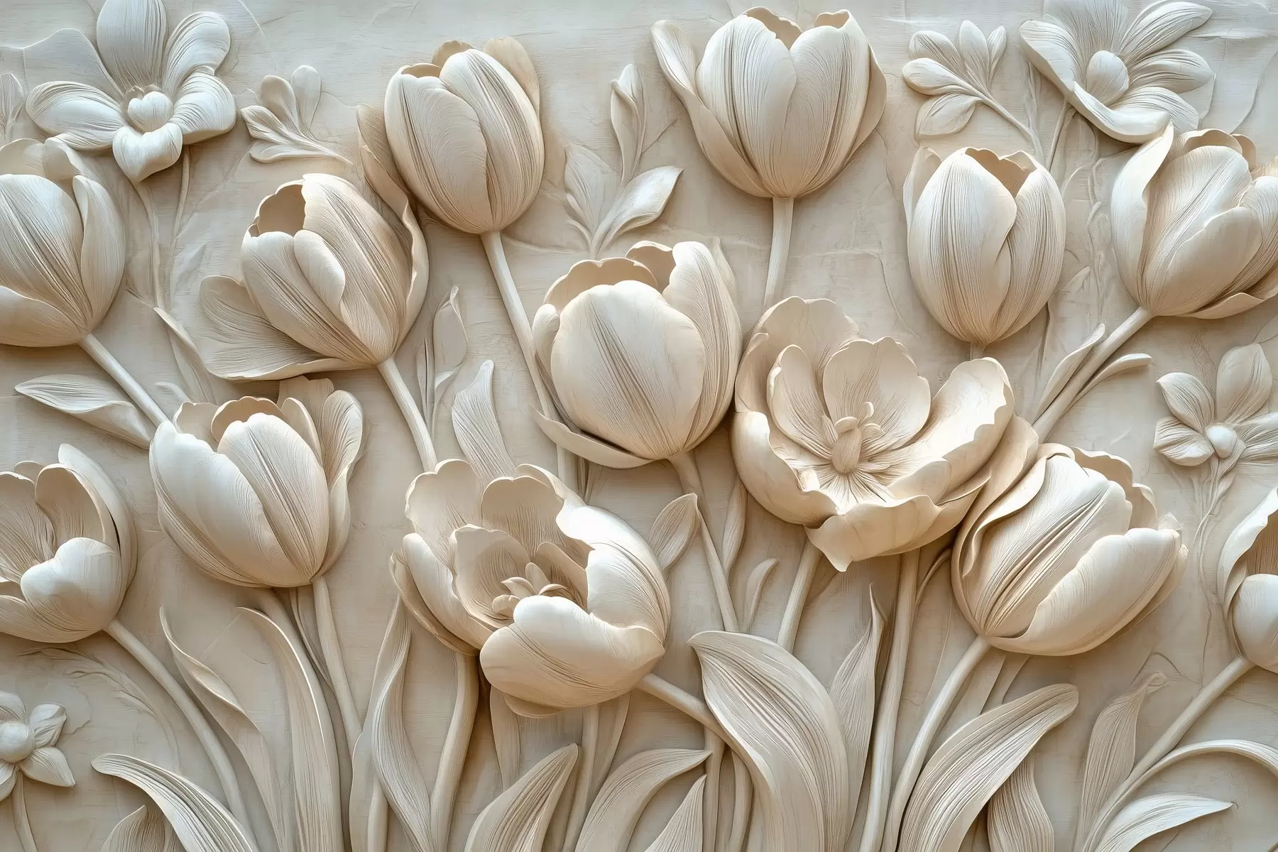 murais de parede arte floral em 3D com tulipas graciosas na cor bege w01851