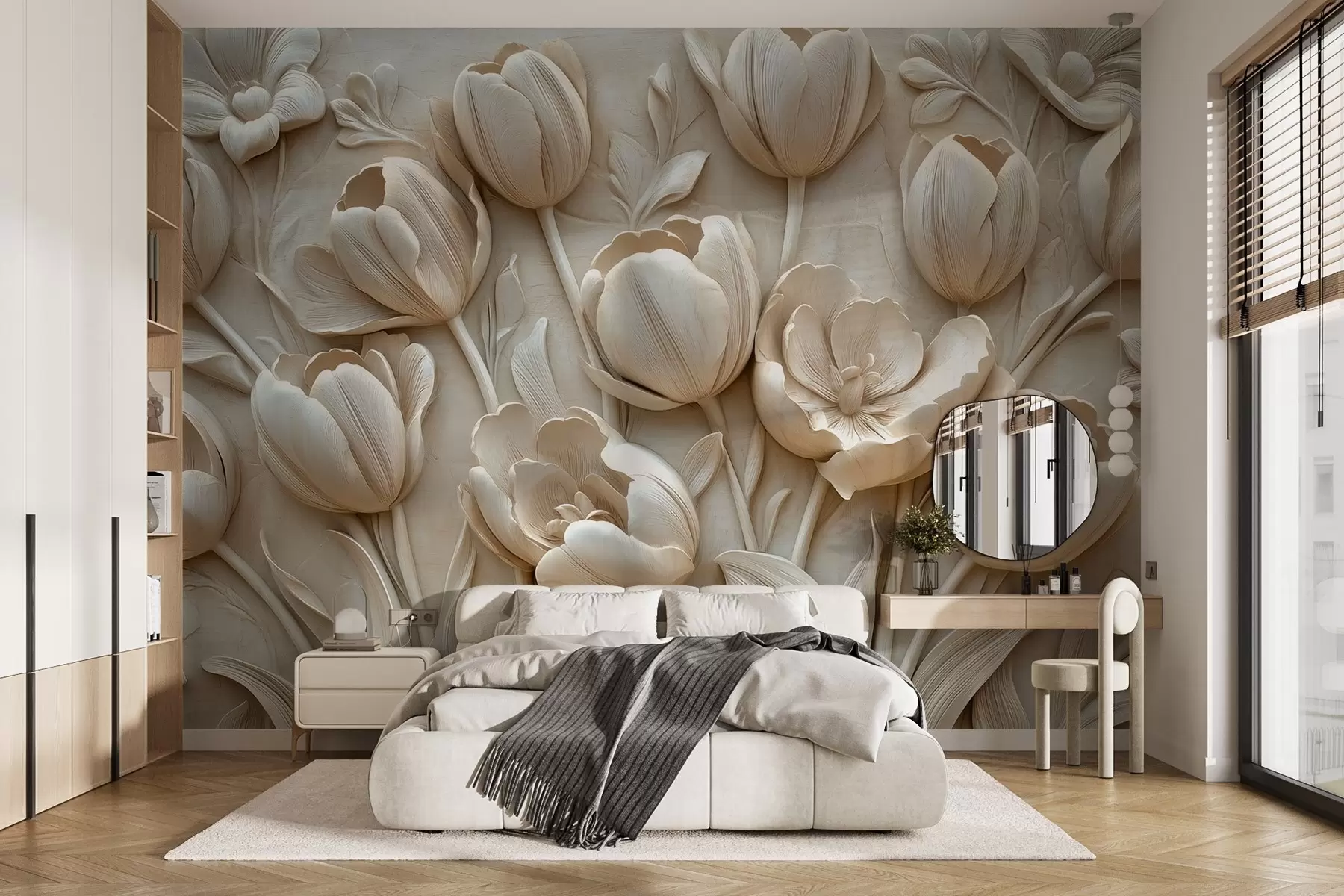 murais de parede arte floral em 3D com tulipas graciosas na cor bege w01851