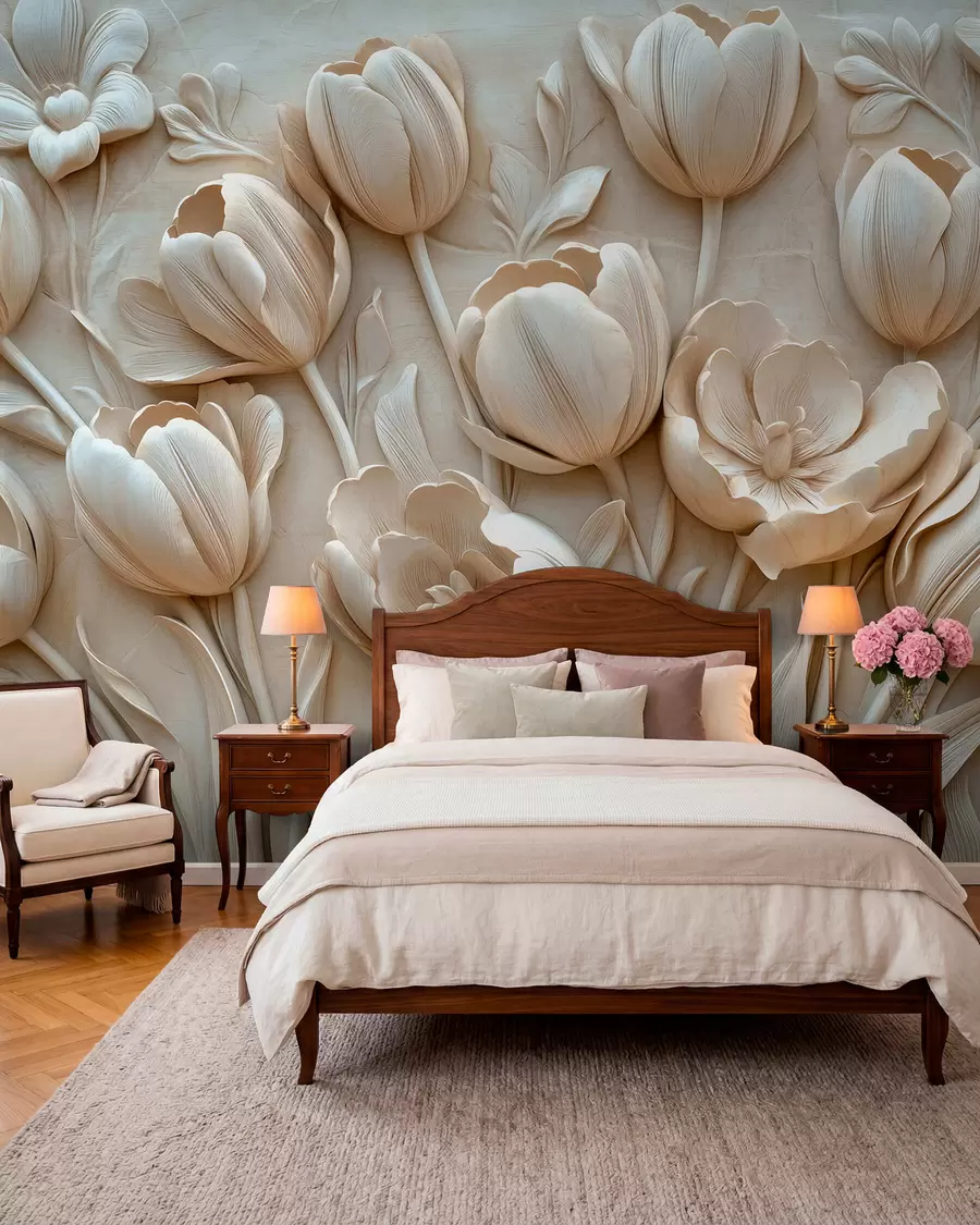 murais de parede arte floral em 3D com tulipas graciosas na cor bege w01851