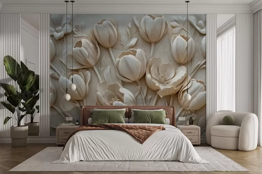 murais de parede arte floral em 3D com tulipas graciosas na cor bege w01851