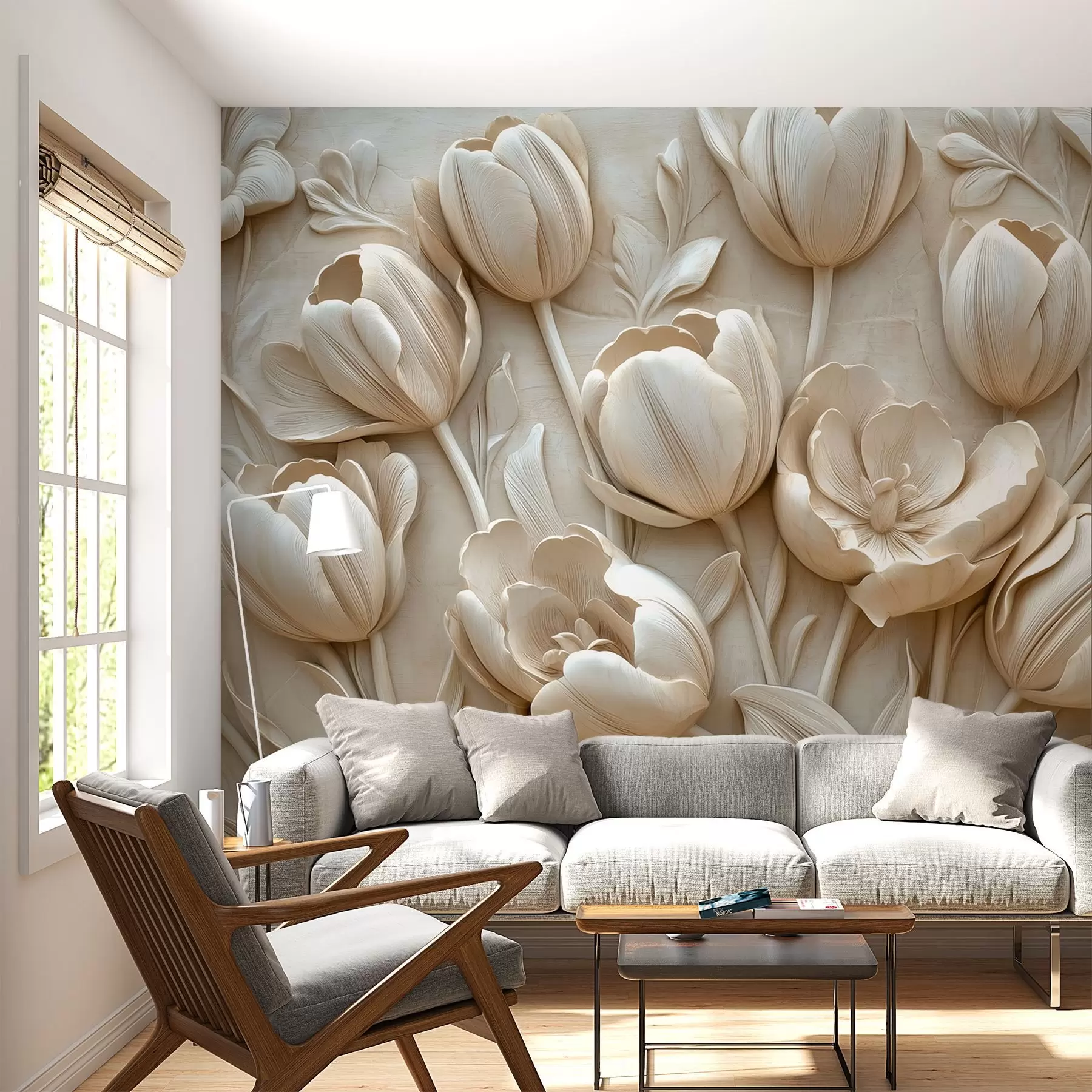 murais de parede arte floral em 3D com tulipas graciosas na cor bege w01851