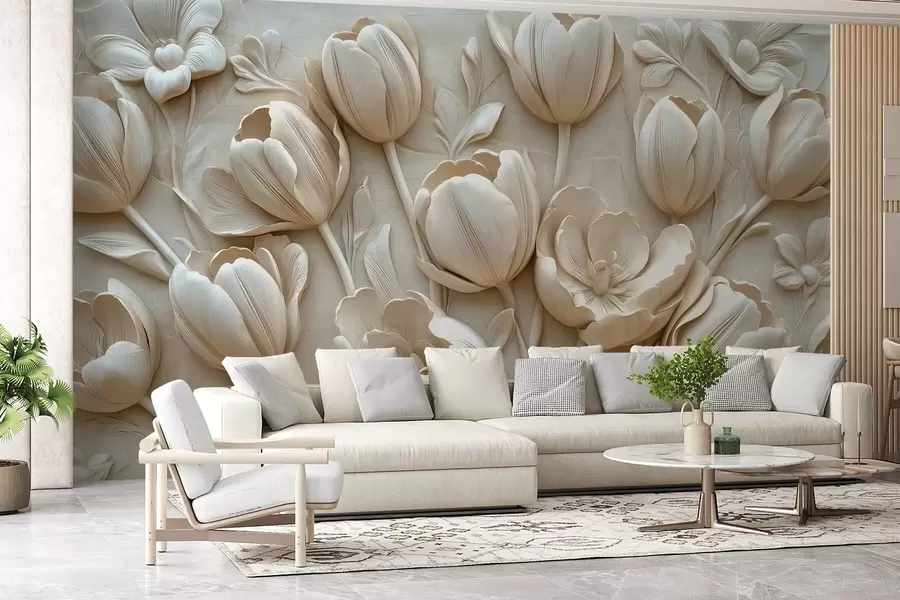 murais de parede arte floral em 3D com tulipas graciosas na cor bege w01851