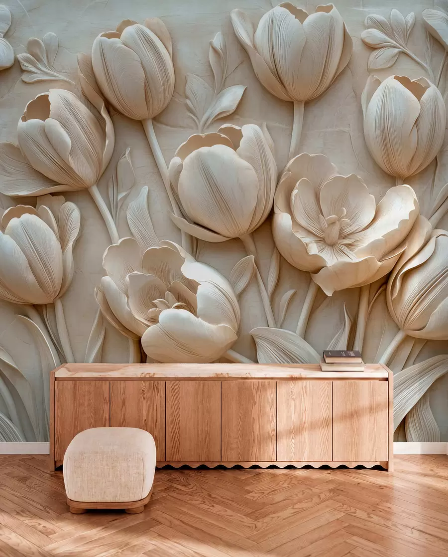 murais de parede arte floral em 3D com tulipas graciosas na cor bege w01851