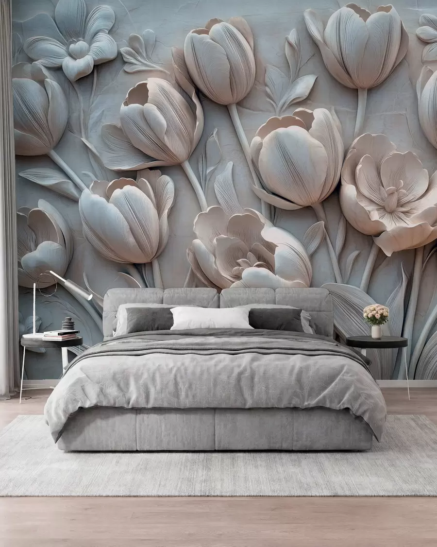 murais de parede arte floral em 3D com tulipas graciosas na cor cinza w01851v1