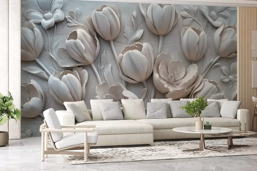 murais de parede arte floral em 3D com tulipas graciosas na cor cinza w01851v1