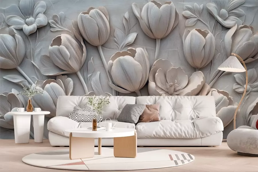 murais de parede arte floral em 3D com tulipas graciosas na cor cinza w01851v1