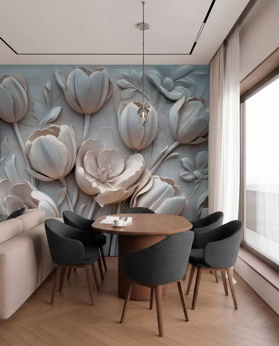 murais de parede arte floral em 3D com tulipas graciosas na cor cinza w01851v1