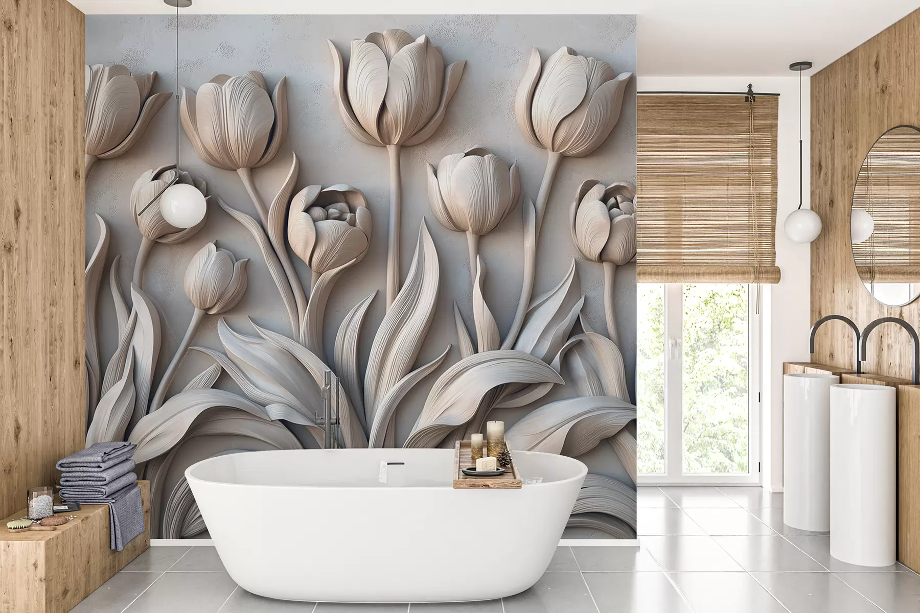 murais de parede Arte floral com lindas tulipas em uma paleta de cores cinza w01852v1