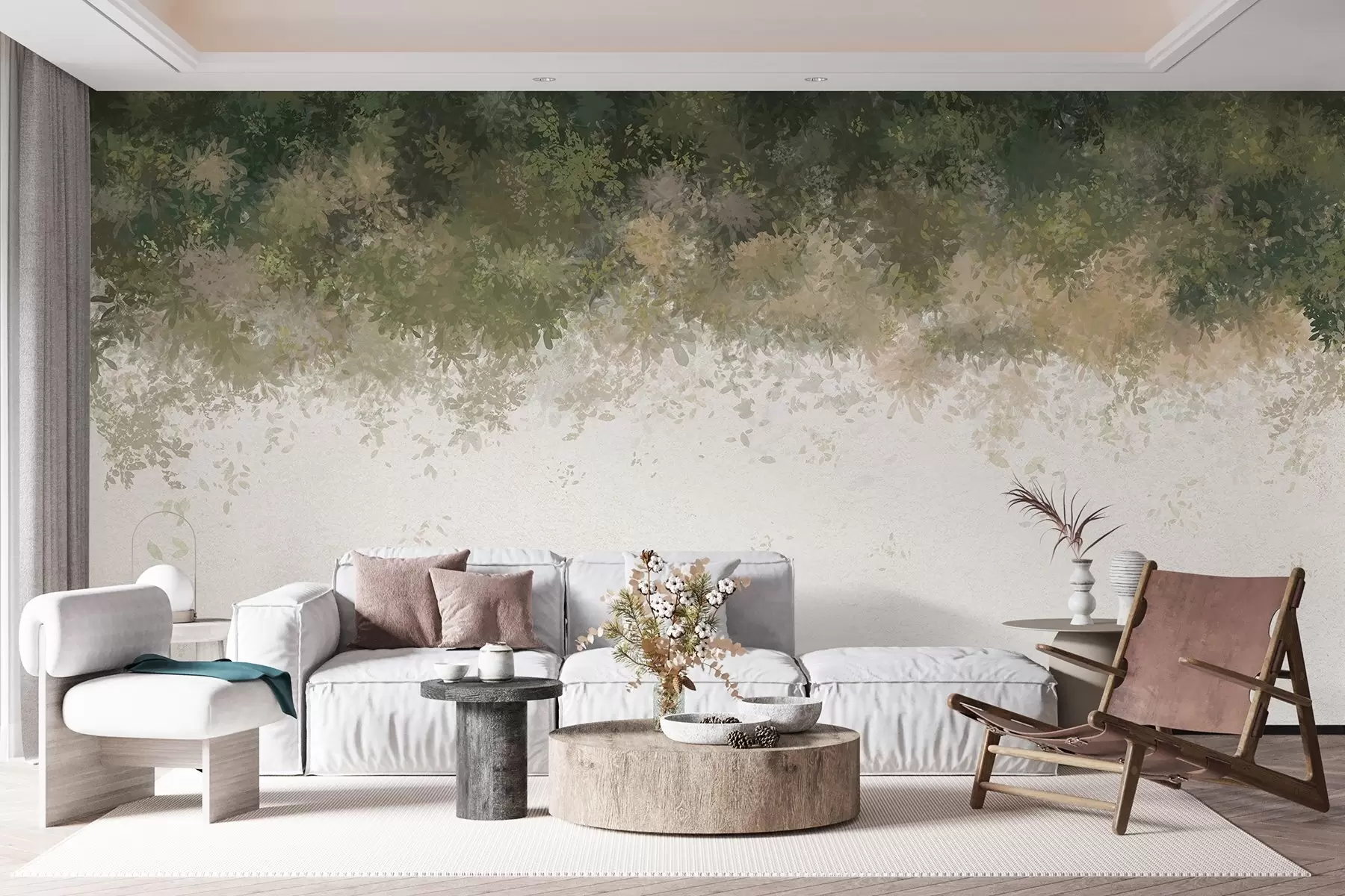 murais de parede Lindas folhas verdes, ornamento floral, aquarela, natureza  w01879