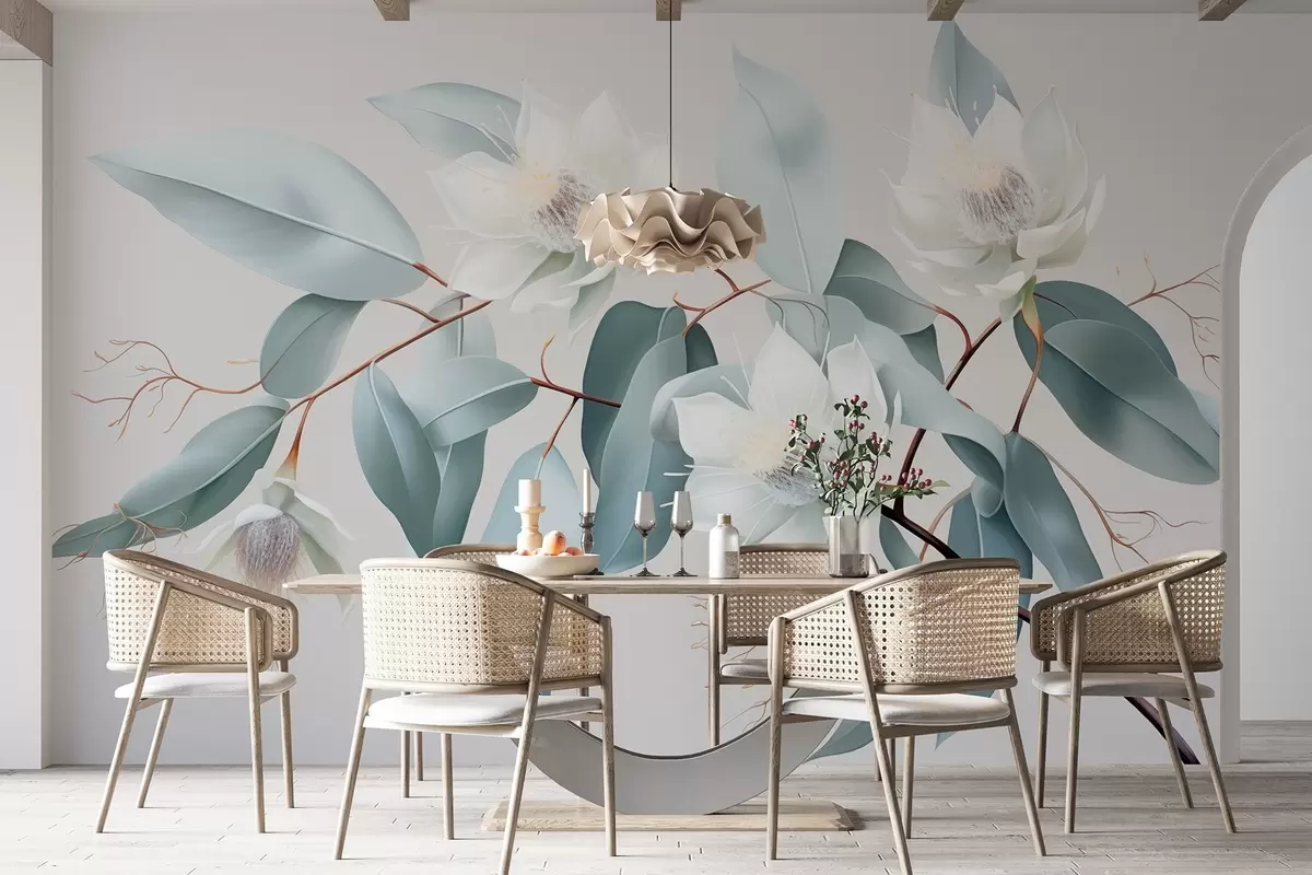 murais de parede Flores de jasmim no galho, acrílico, cores cinza suaves w01885