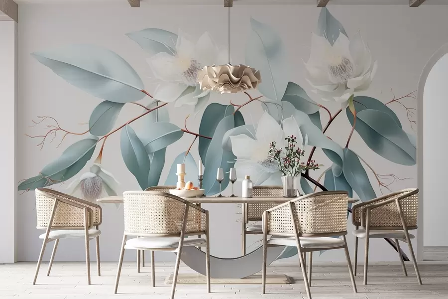 murais de parede Flores de jasmim no galho, acrílico, cores cinza suaves w01885