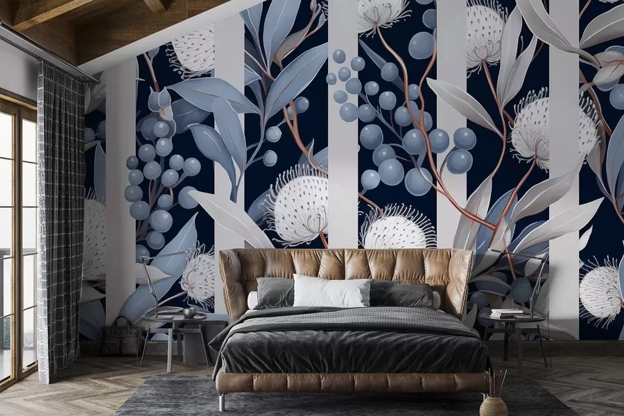 murais de parede Ornamento de flores com bagas silvestres, cores vintage, azul e cinza w01886