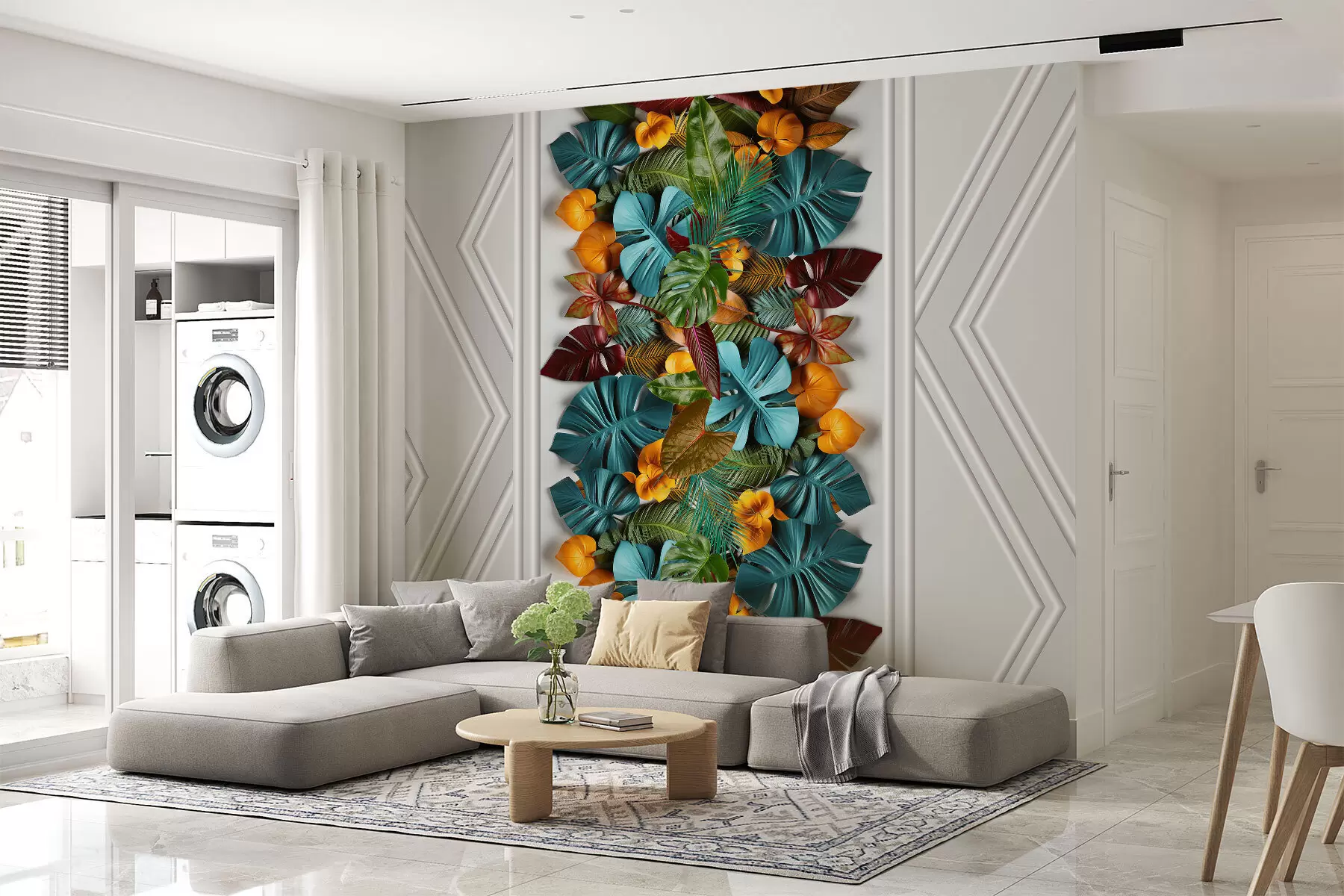 murais de parede papel de parede 3D com folhas tropicais coloridas e geometria em um fundo cinza w01876