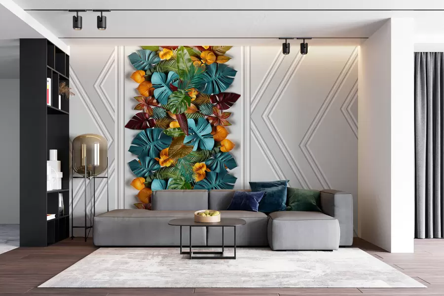 murais de parede papel de parede 3D com folhas tropicais coloridas e geometria em um fundo cinza w01876