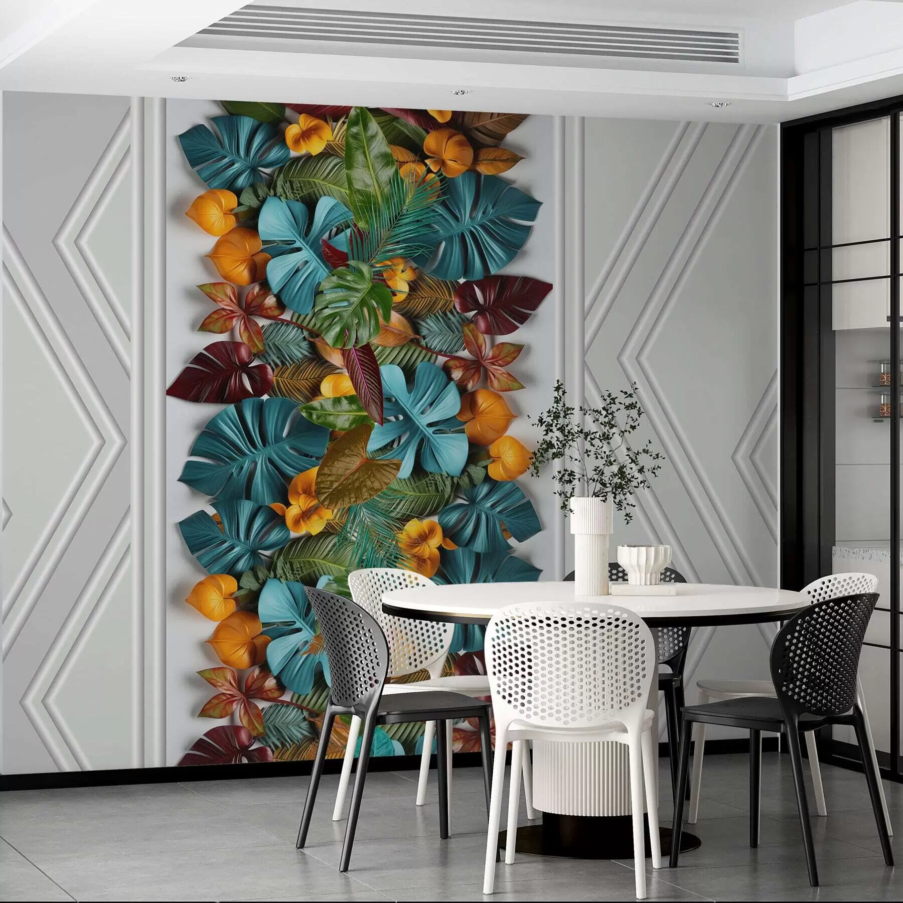 murais de parede papel de parede 3D com folhas tropicais coloridas e geometria em um fundo cinza w01876