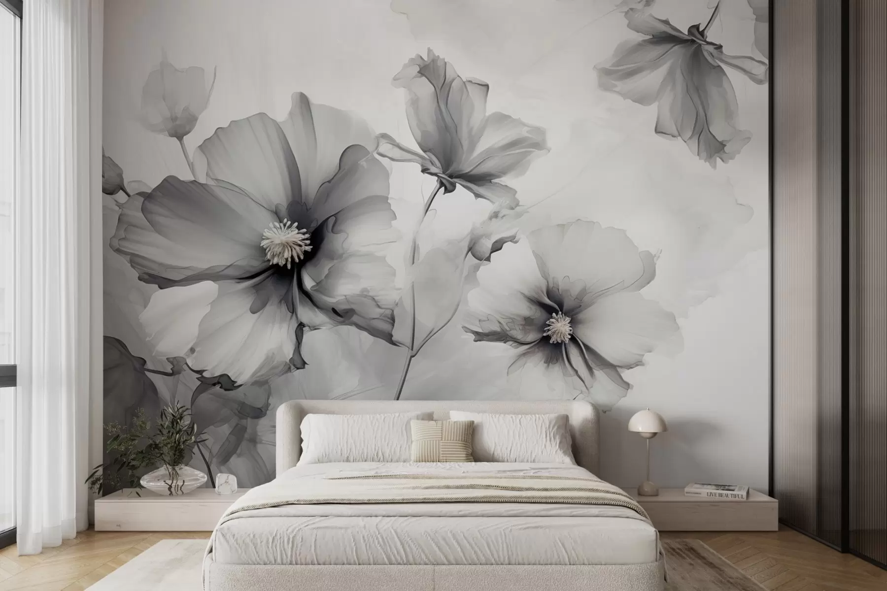 murais de parede Flores cinzas translúcidas e arejadas que se dissolvem na luz da manhã w01938