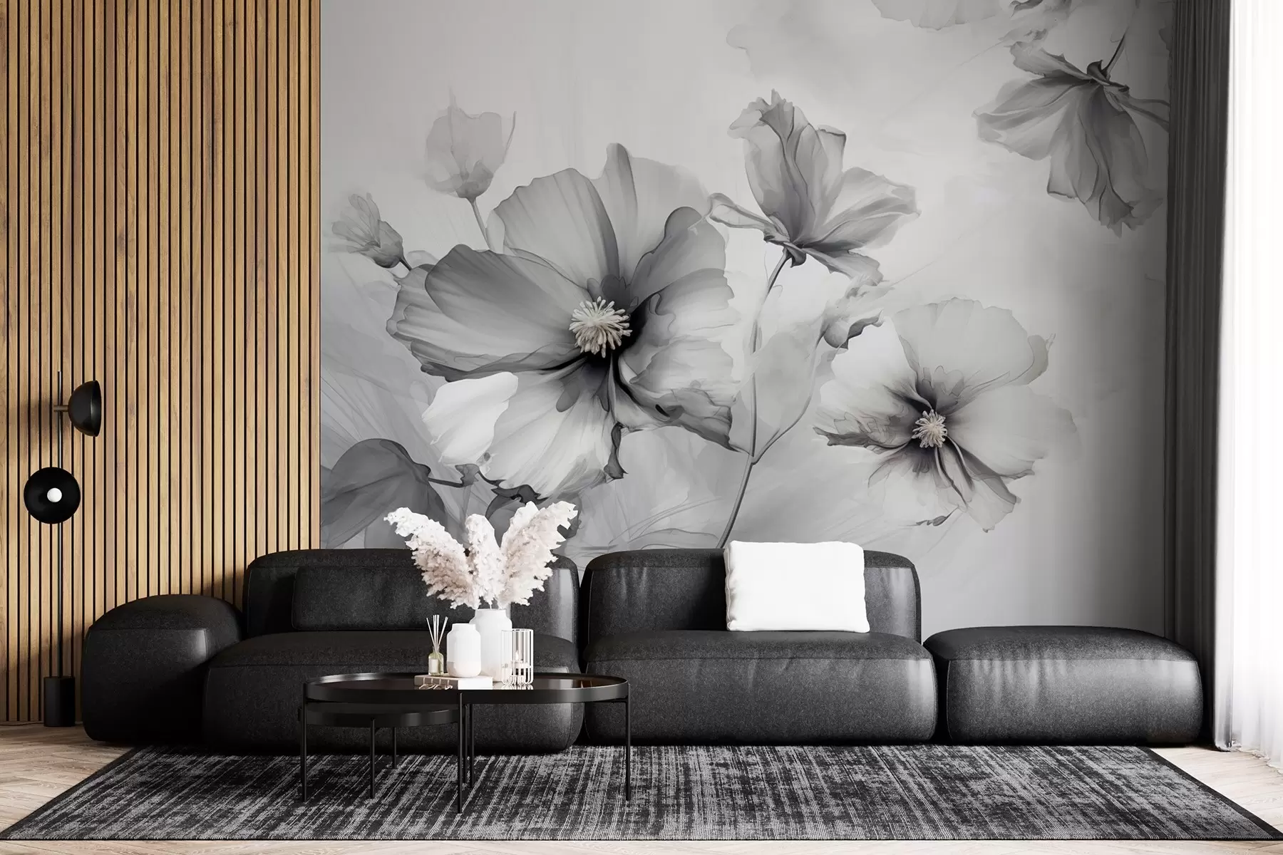 murais de parede Flores cinzas translúcidas e arejadas que se dissolvem na luz da manhã w01938